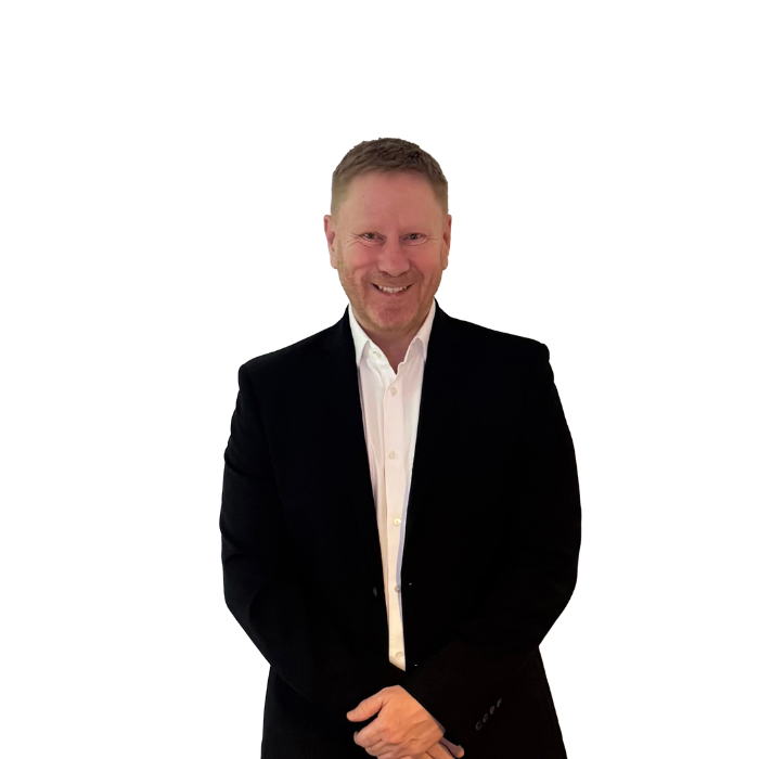 Smiling man with a black suit and a white shirt